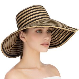 Eric Javits iconic Striped Black and Tan Wide Brim Hat